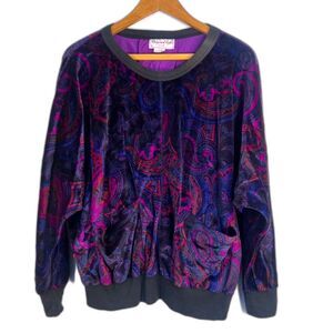 Oscar De La Renta Active VTG Burnout Paisley Velvet Sweater USA Made Size LG